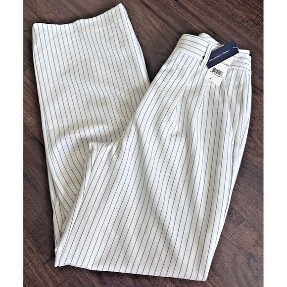 FRENCH CONNECTION Women's Whisper Pinstripe Pleated Wide Leg Pants White Navy 2 - Picture 8 of 16